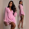 European and American Style Bubble Sleeves High Waist V Neck Long Sleeve Dress, Deep V Design Small Dew Sexy, Temperament Short Skirt