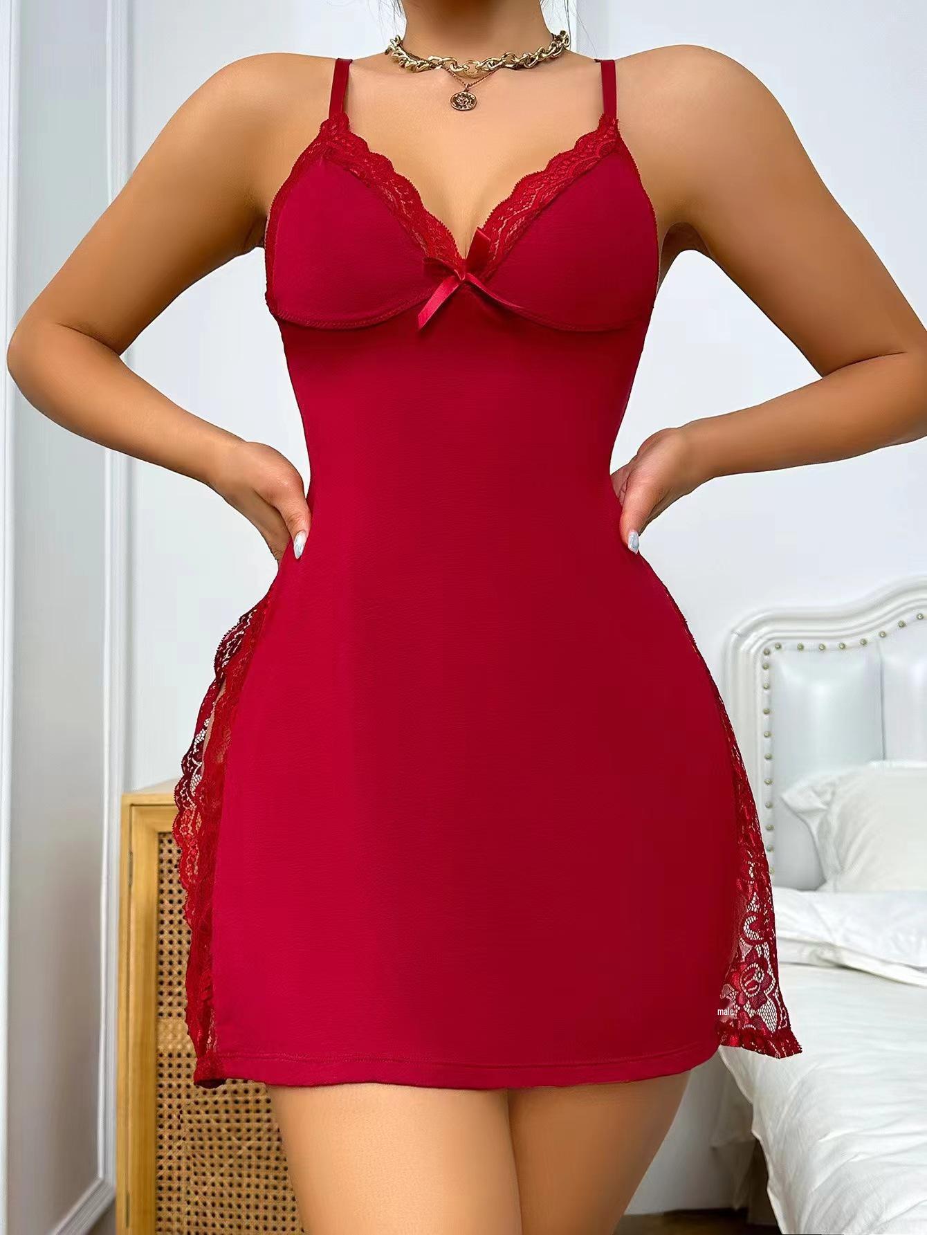 Sensual Lace Deep V Strappy Nightgown - Multi-color Sexy Lingerie with Slit M красный