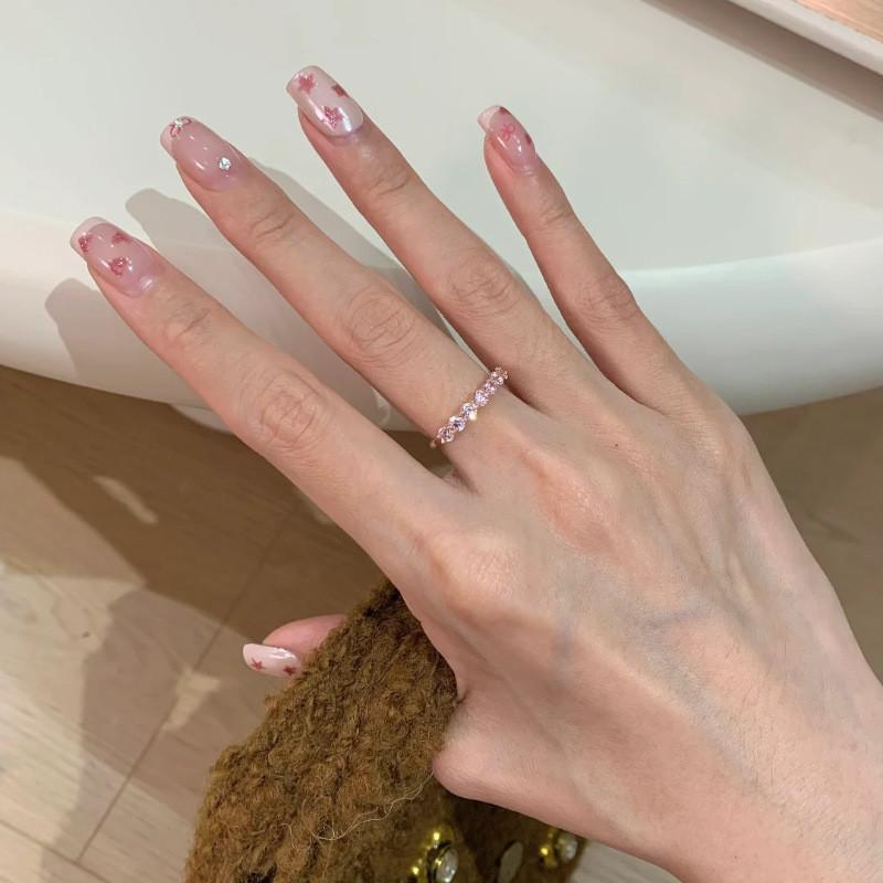 Stilvoller Sakura-Rosa Halbkreis-Zirkonia-Ring für Damen Verstellbar Kupfer Geometrie