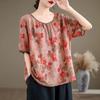 Mom's Style Printed Short-sleeved T-shirt Women Summer Thin New National Bubble Cotton Linen Top