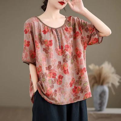 Mamas Stil Bedrucktes Kurzarm-T-Shirt Damen Sommer Dünn Neu National Blasenbaumwolle Leinen Oberteil