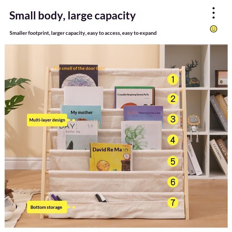 Solid Wood Kids Sling Bookshelf With Canvas Pockets And Large Capacity Perfect For Nursery Playroom Bedroom
