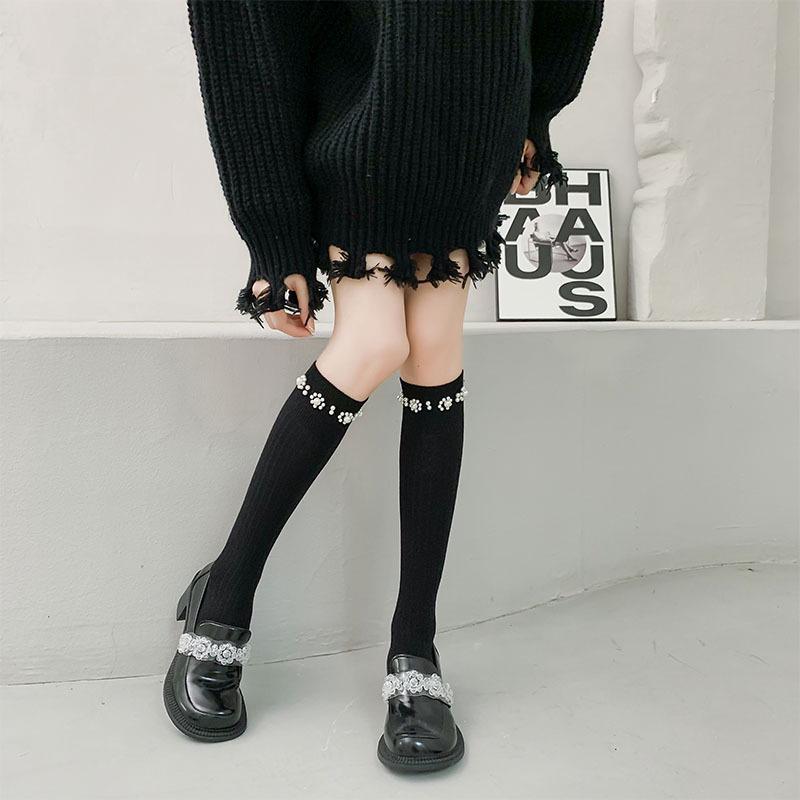 Women's Knee-High Sweet Preppy Socks with Pearl Decor - Spring/Autumn JK Style