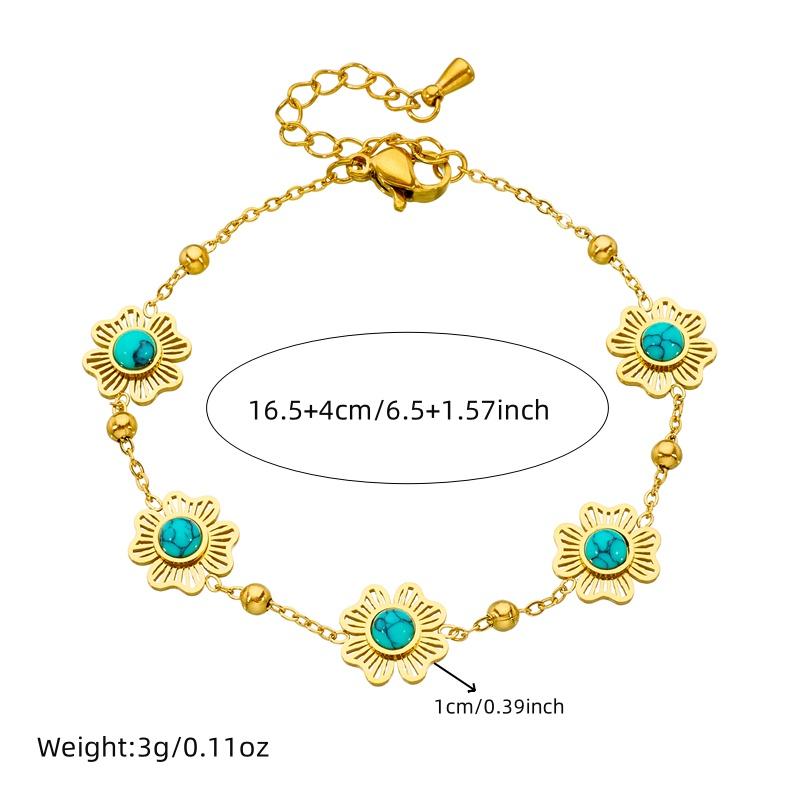 DIEYURO 316L StainlessTurquoise Hollowed Out Flower Necklace Earrings Bracelet Suit Women Concise Trend Non-fading Jewelry Set