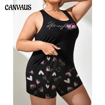 Kvinners plussstørrelse sommerpysjamas Ermeløs vest Kortermet shorts Løs fritidsdress til hjemmeklær