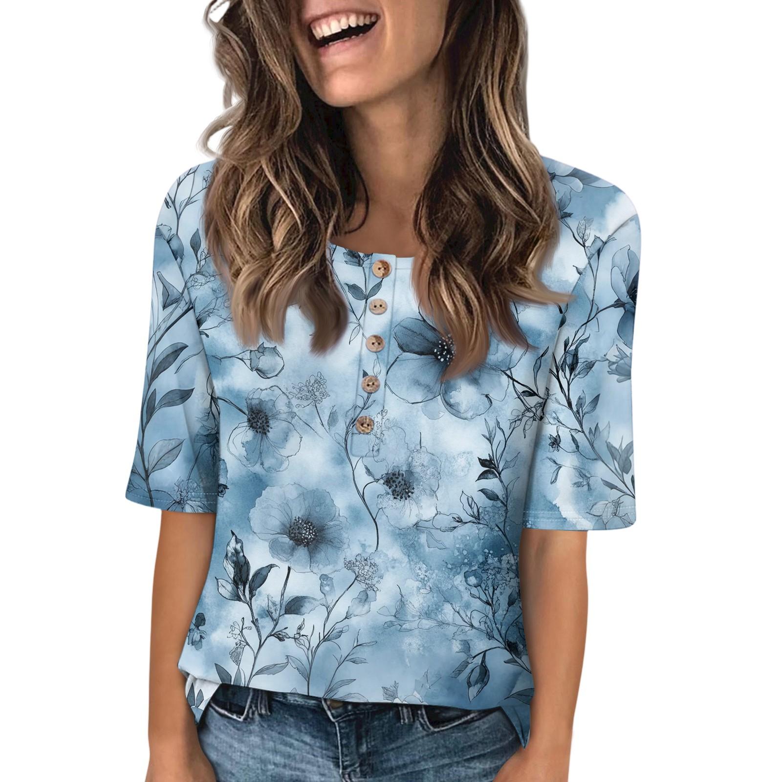 

Женская мода принтованный круглый вырез на пуговицах короткий рукав повседневный топ L синий