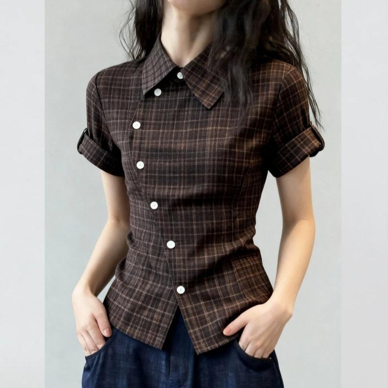 Camicetta Casual da Donna a Maniche Corte, Slim Fit, a Quadri Marroni, Vintage