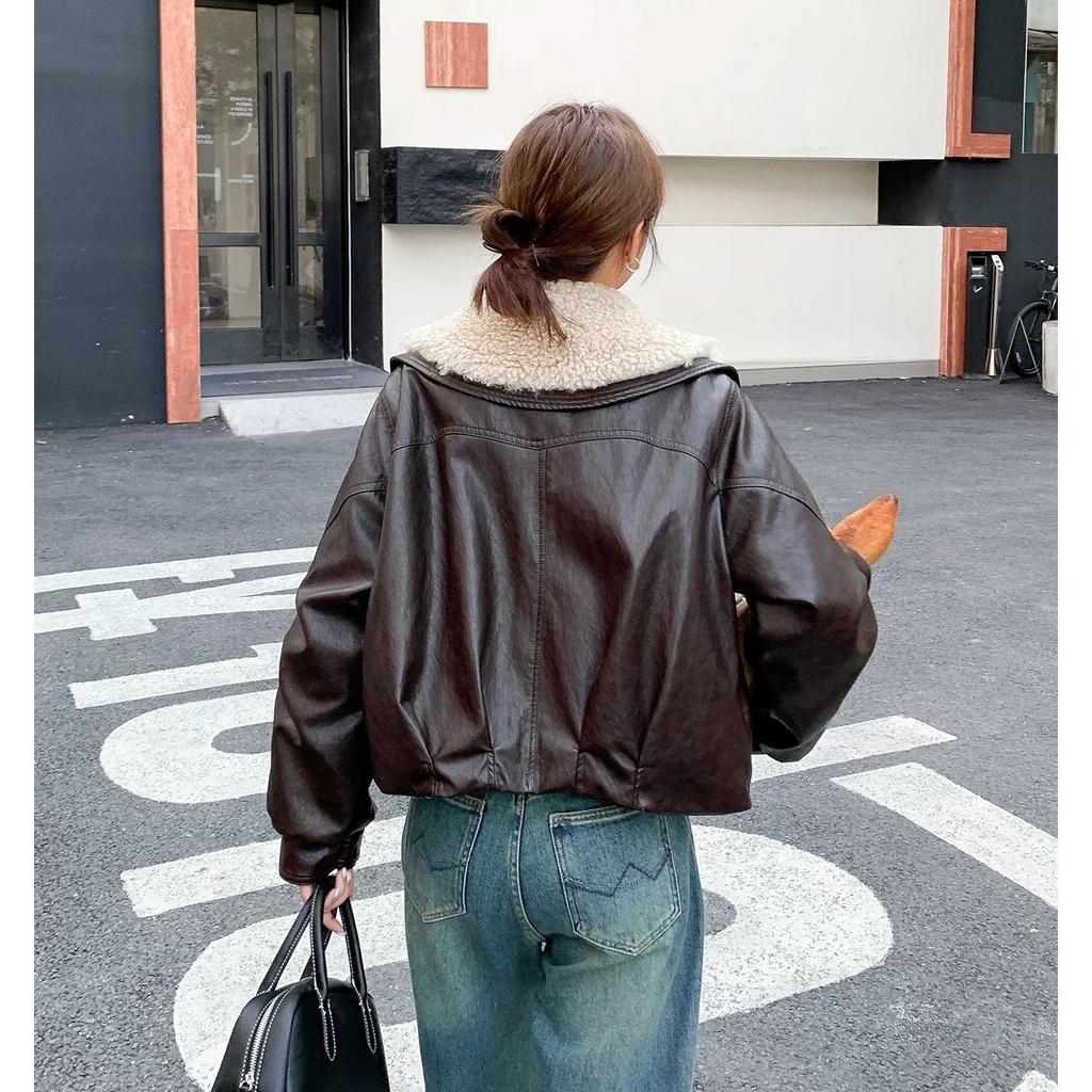 Women's Autumn/Winter 2025 Plus Velvet Plush Lapel Leather Coat - Warm, Thick, Loose, Slimming Cotton Jacket