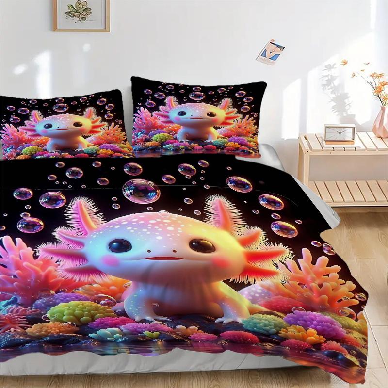 3pcs Axolotl Bubble Printed Bedding Set, Soft and Comfortable Quilt Cover for Bedroom, Guest Room (1 Duvet Cover + 2 Pillowcases, Pillow Cor