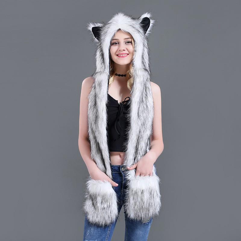 Fellimitat Mütze mit Schal und Handschuhen Set - Niedliches Plüschtier-Motiv Winter Warme Kopfbedeckung Damen Teens