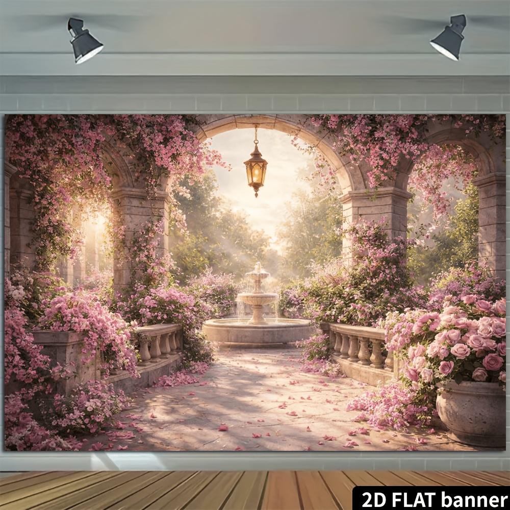 2D plane 1 piece of European arch rose garden background fabric pink flower vines retro arch fountain landscape