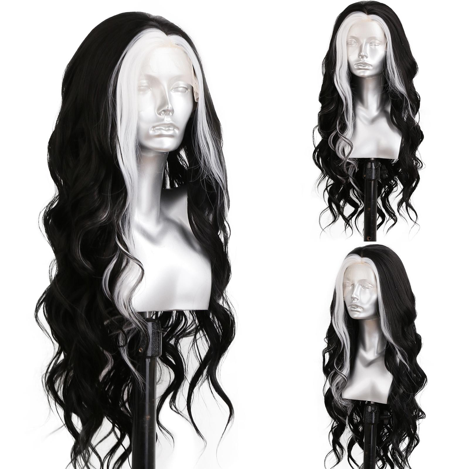 AIMEYA Loose Curly Synthetic Lace Front Wig Black Wig with White Highlights Women s Wig Daily Use Halloween Cosplay Wig (as the picture,18inches)