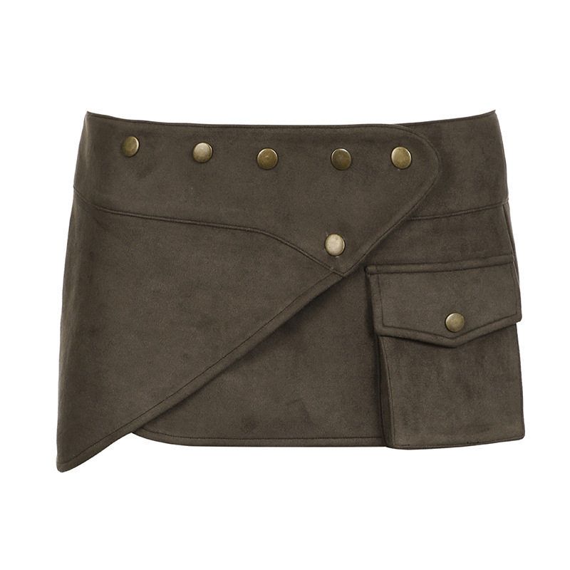 

Lianlianbu Wild West Style Suede Studded One-Piece Mini Skirt with Unique Design and Pockets Dark brown S