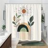 1 minimalist abstract sun arch shower curtain, modern mid-century digital illustration, polyester, machine washable, with hooks