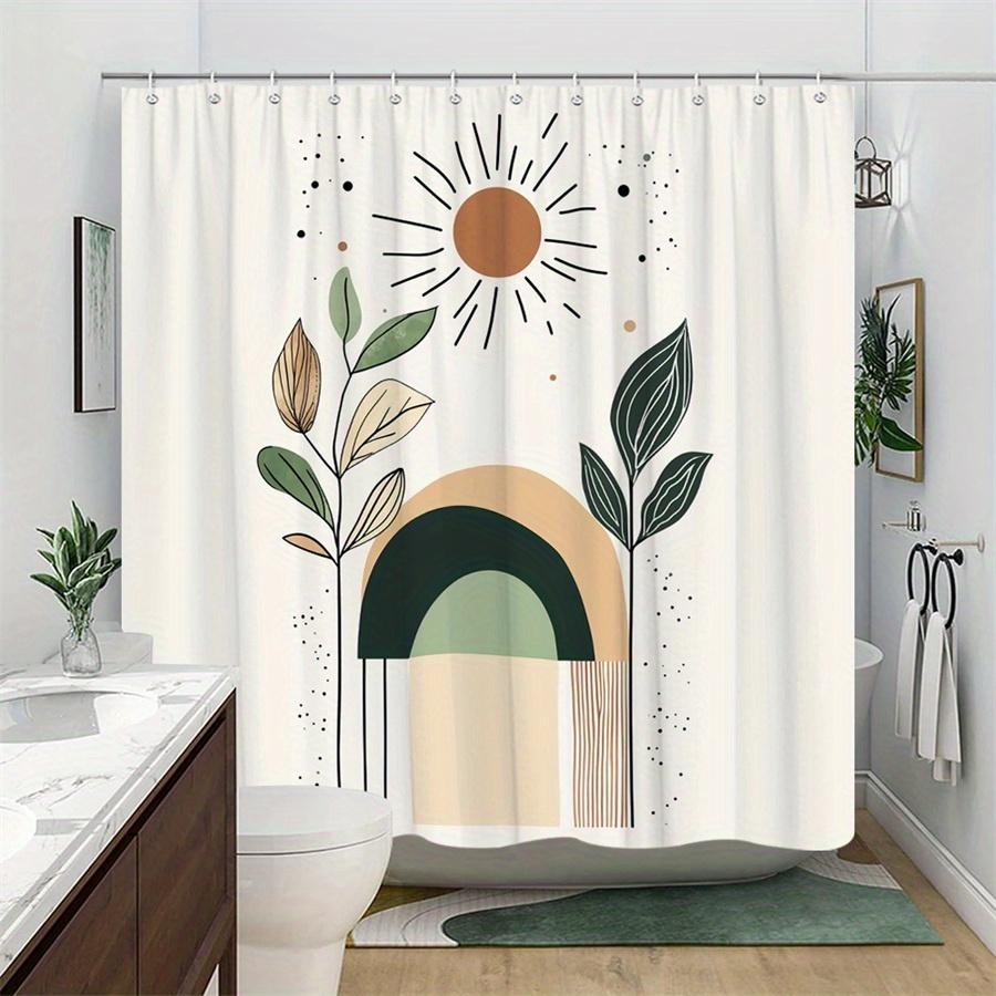 1 minimalist abstract sun arch shower curtain, modern mid-century digital illustration, polyester, machine washable, with hooks