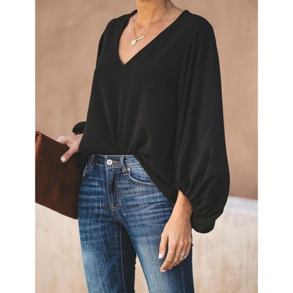 European & American Women's V-Neck Lantern Sleeve Loose Long Sleeve Plus Size Top - Summer 2025 Collection