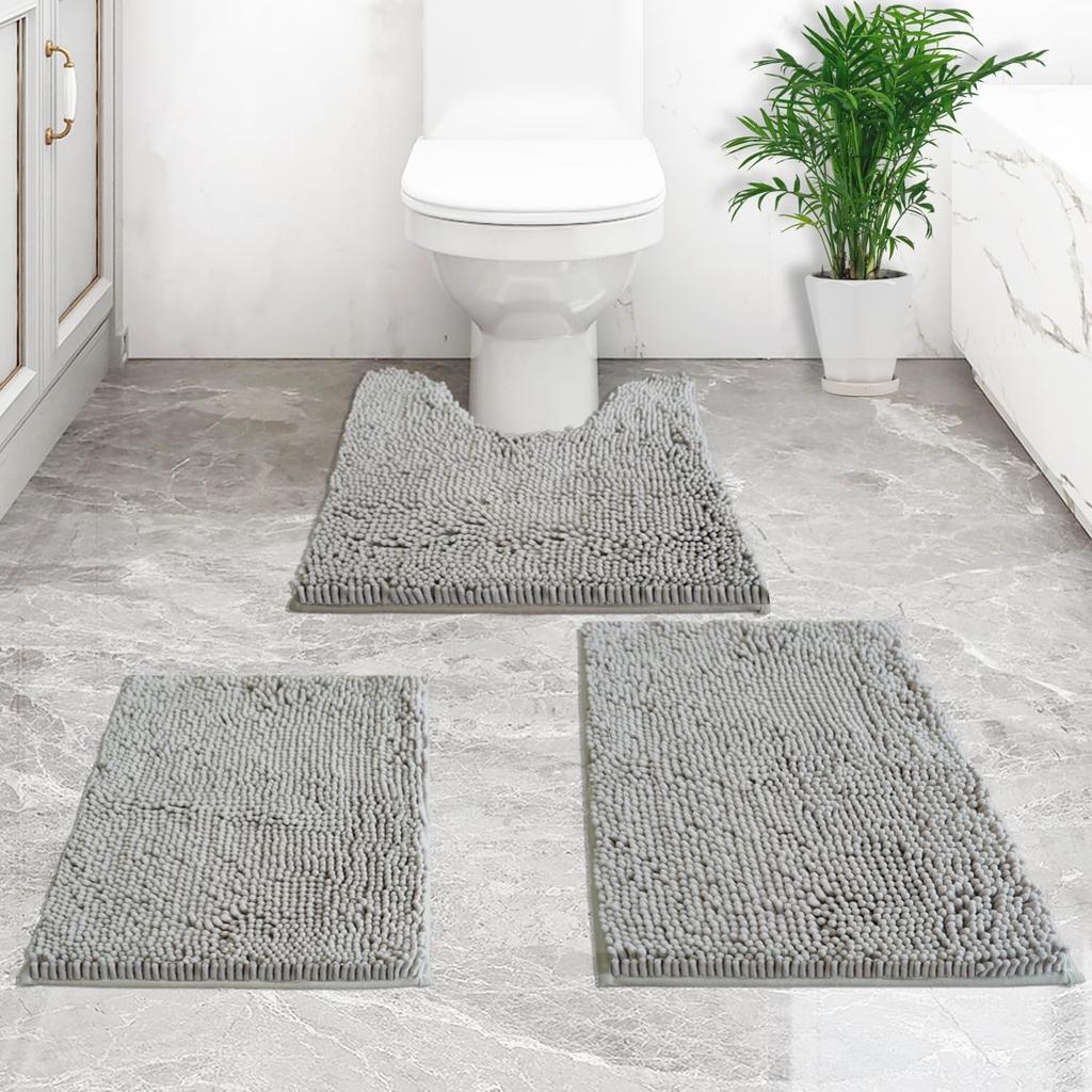 Bathroom Rugs sets 3 Piece Chenille bathroom rugs Extra Thick Absorbent Strong PVC Non-Slip Underside for Bedroom Kitchen