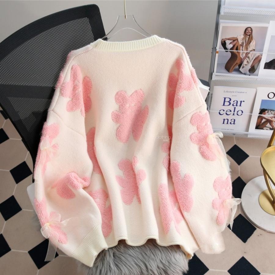 Autumn New Small Bear Fluffy Velvet 3D Bow Set Loose Knit Sweater Women Sweet Style Knit Top