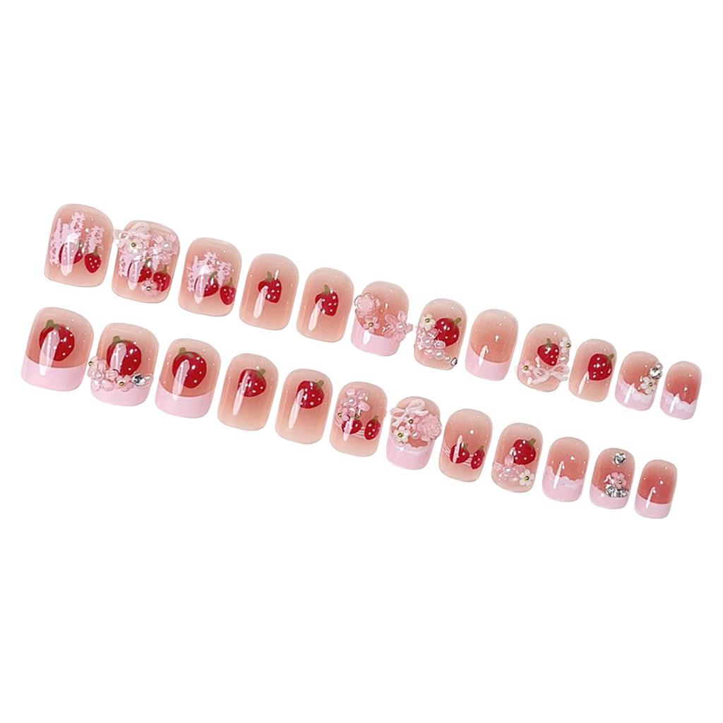 24Pcs Cute Strawberry Bow-Fake Nails for Women Sweet-Design Lightweight Durable Manicure Accessory