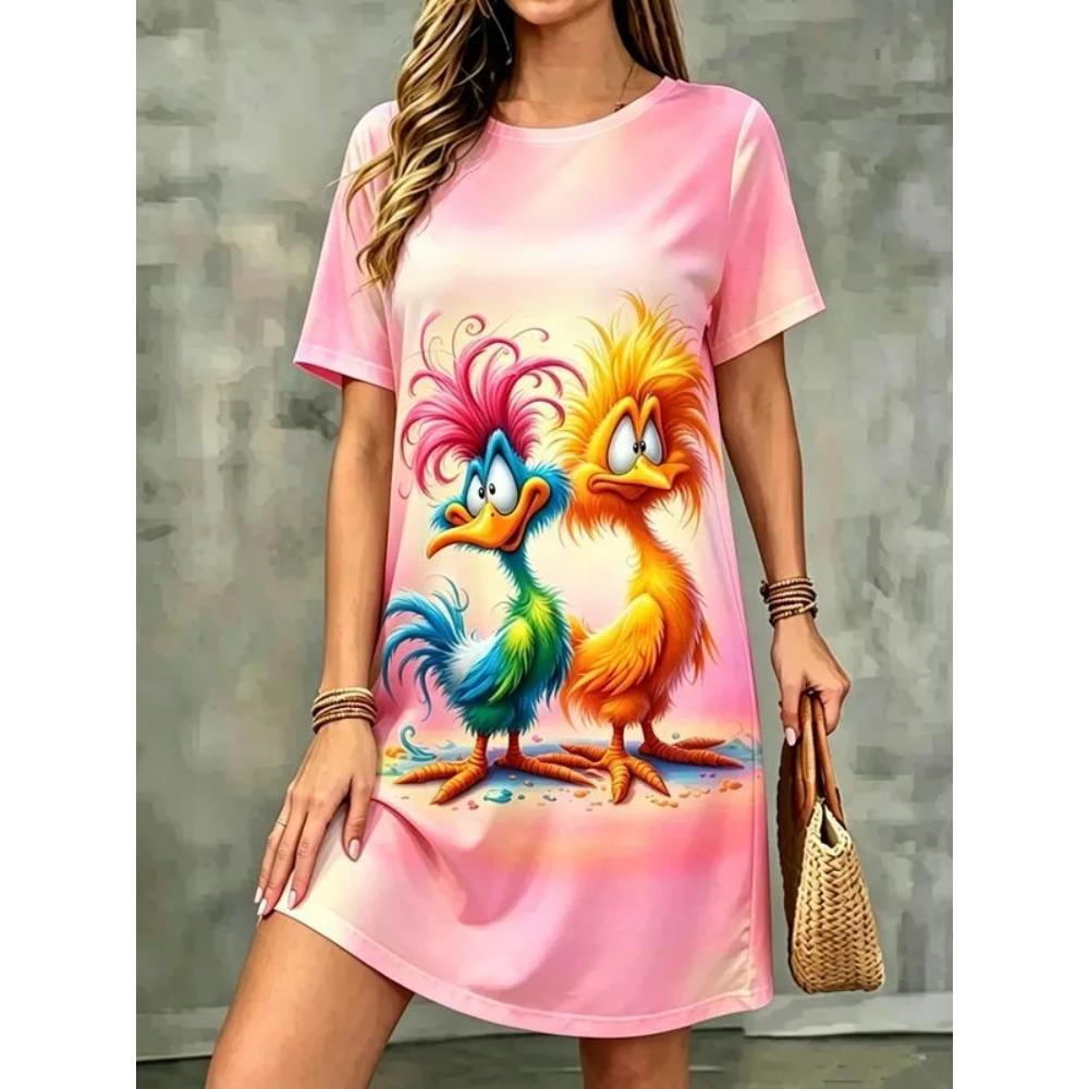 Summer Fashionable Colorful Cartoon Pattern Women Mini Dresses Short Sleeve Printed Plus Size Casual Comfortable Soft Dress