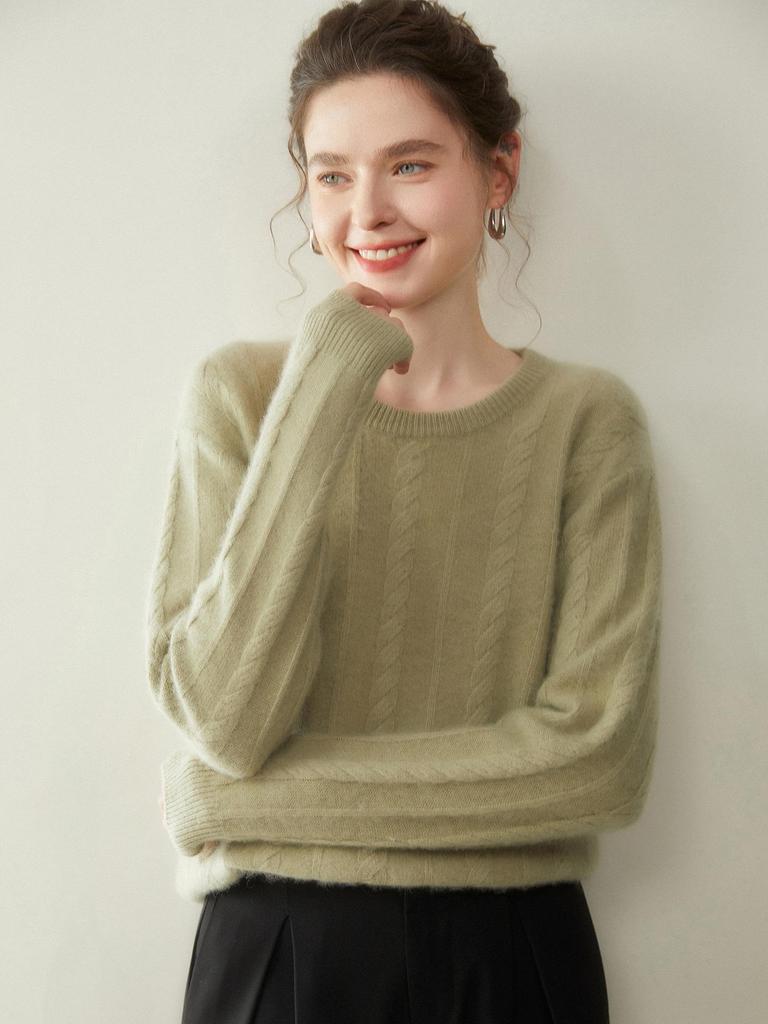 Maglione da donna in cashmere a girocollo: Lavorazione a treccia spessa, Morbido cashmere di capra, Ideale per Autunno/Inverno.