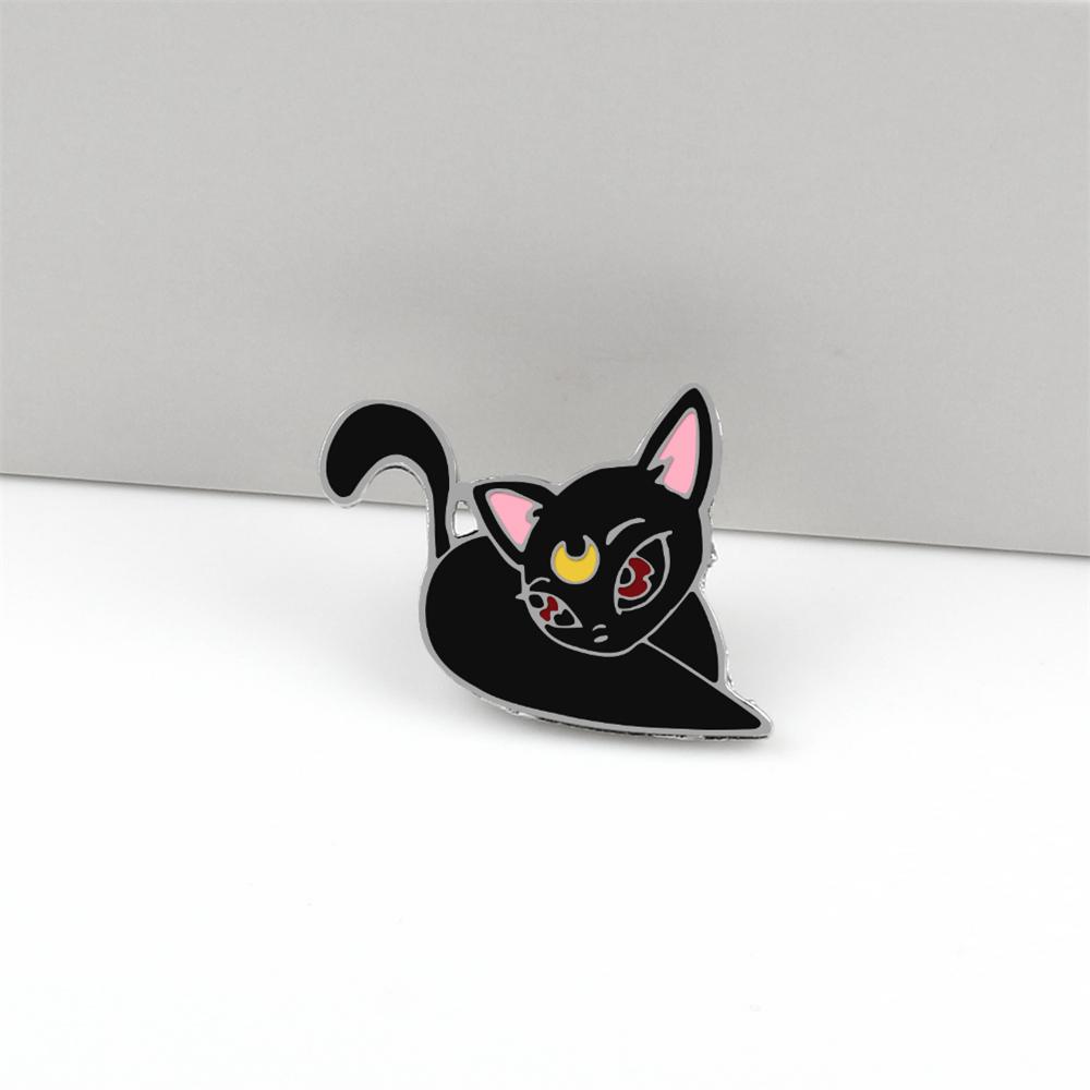 Magical Black Cat Brooch Punk Anime Kitten with Moon Symbol Enamel Pins Cartoon Cute Backpack Lapel Badge for Kids Jewelry Gifts