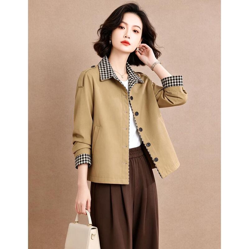 EST+II Women's Autumn Plaid-Lined Lapel Short Jacket
