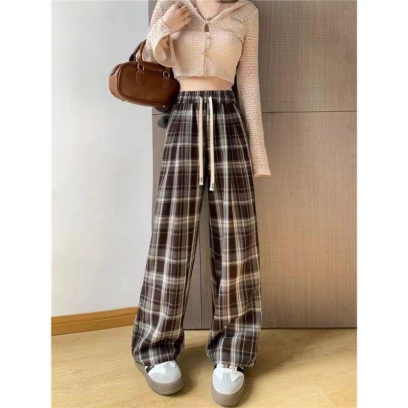 Unisex High Waist Retro Plaid Wide-Leg Pants - Casual Spring/Summer Lightweight Lace-up Black Pants
