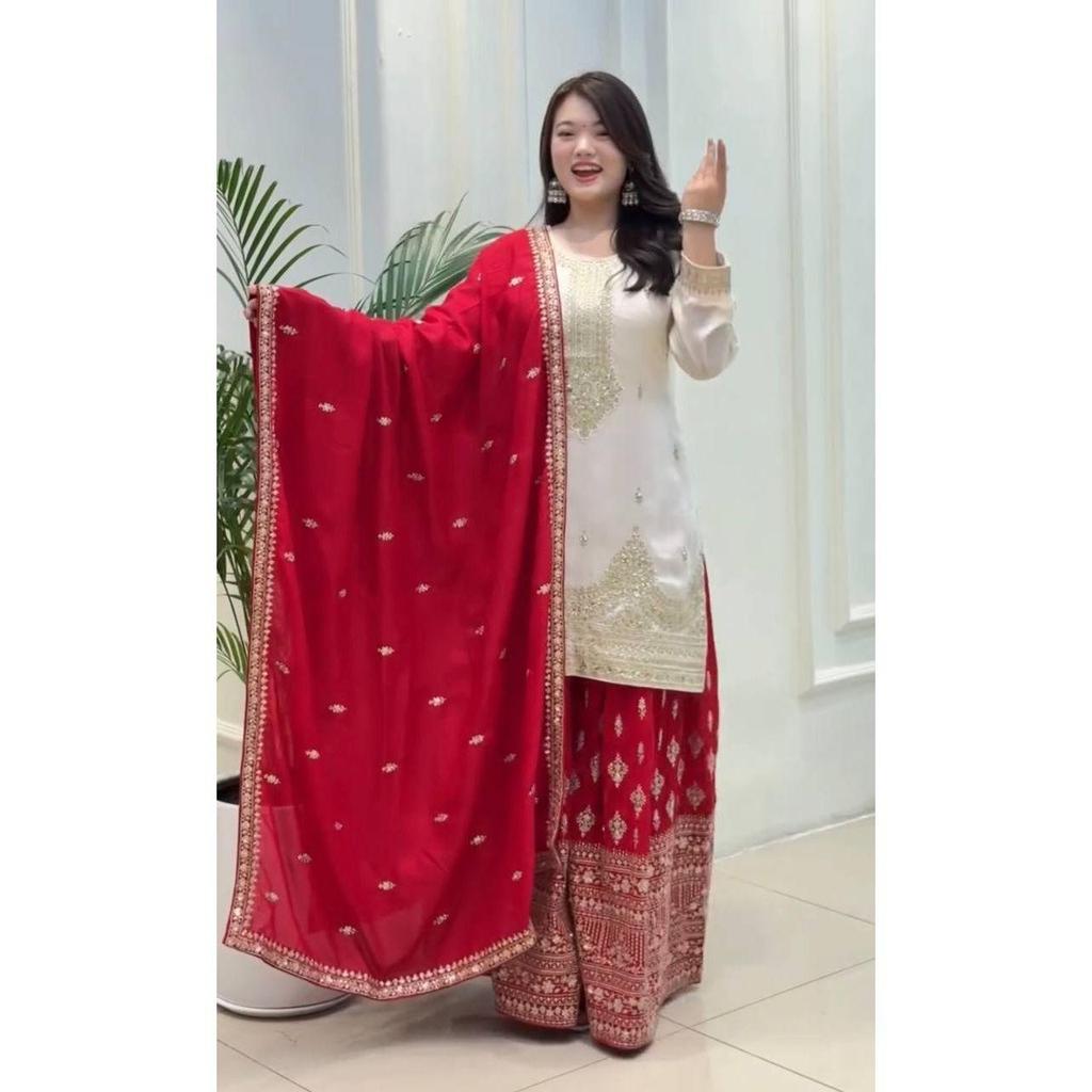 Launching New  Đěsigner Party Wear Look Pur Chinon Silk Top Plazzo & Dupatta Set