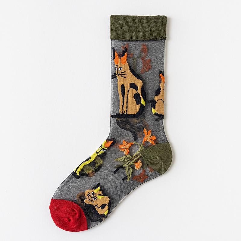 3 Pares Nuevos Set de Calcetines Transparentes Lindos de Gato para Mujer Coreanos Florales Animales Verano Delgados Kawaii Set de Calcetines de Seda para Mujer