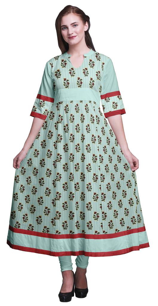 Bimba Gold Leaves & Peony Floral Printed Womens AnarkaliA  KurtiA  Kurta Flared Maxi Blouse