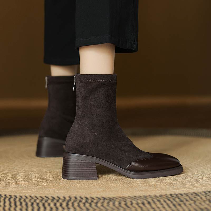 Krazing Pot Microfiber Flock Winter Square Toe Modern Size 33 Boots Size 43 Zipper KPOP Style Fashion Stretch Ankle Boots