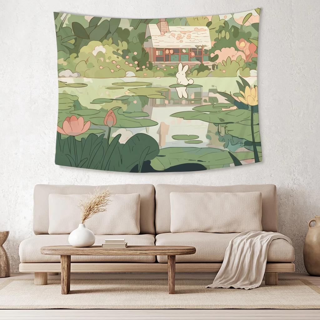 Forest Aesthetic Tapestry Kawaii Animals with Green Plants for Instagram Style Room Photo Wall Decor