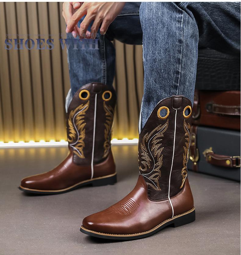 

Мужские полусапоги Классические этнические вышитые ковбойские сапоги в западном стиле Дизайнерские сапоги рыцаря с квадратным носком Качественная кожа Повседневные сапоги 38 коричневый
