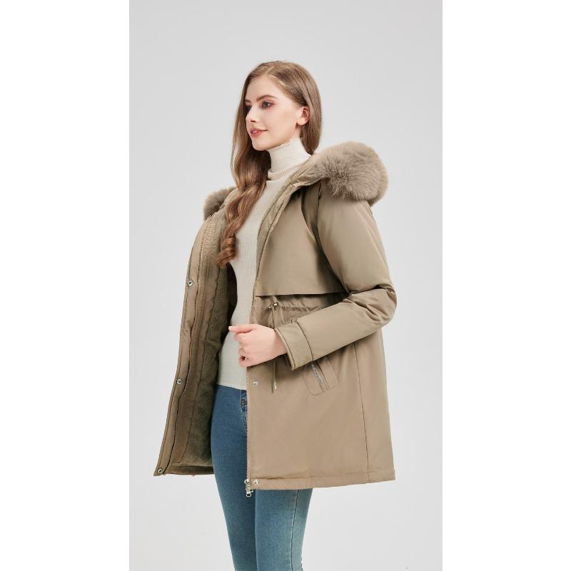 One-piece, Two-wear Parkas for Women, Mid-length Winter Velvet Thickened Warm Cotton Coat, Large Fur Collar, Western Style Slim Coat