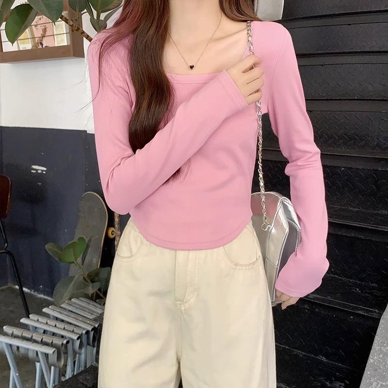 

2024 Осень Новый Дизайн Футболка с Неровным Подолом Женская Квадратный Вырез Правое Плечо Горячая Девушка Короткий Топ с Длинным Рукавом XL