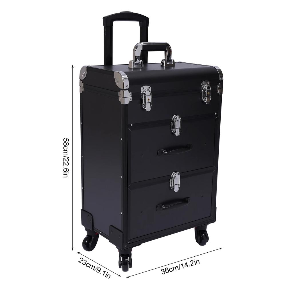 Rolling Makeup Train Case Black Salon Cart Cosmetic Trolley Travel Nail Art Storage Organizer for Face Painting Hairstylist