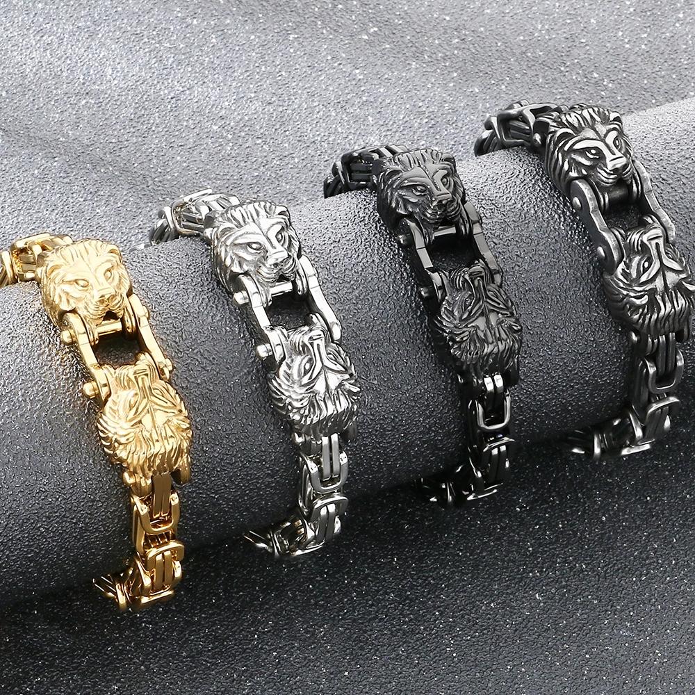 Cool 7MM Wide Men's Lion Head Link Chain Bracelet Vintage Blackened 316l Stainless Steel Bracelets Gothic Biker Jewelry for Men