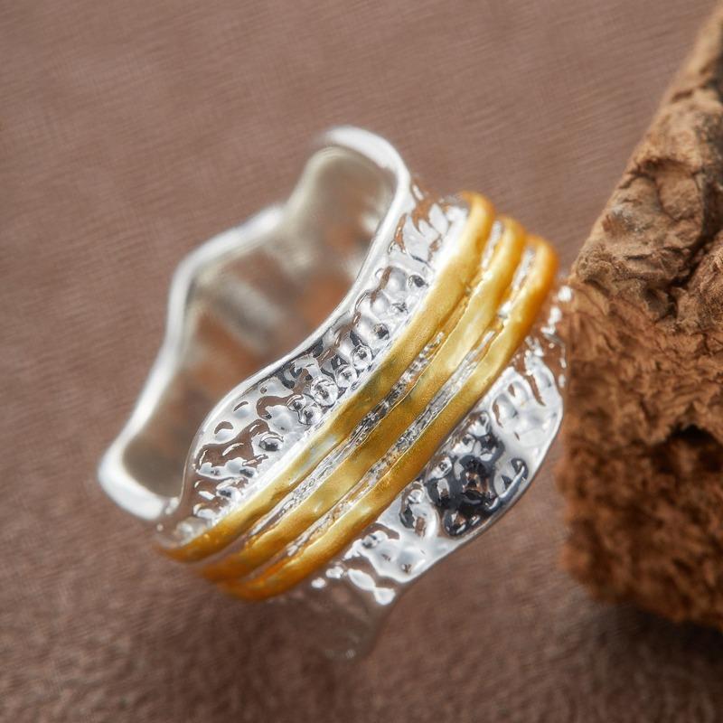 Huajie Damen Hämmered Wellenringe Zweifarbig Unregelmäßig Antiksilber Farbe Breit Vintage Neuer Ring Mode Trend