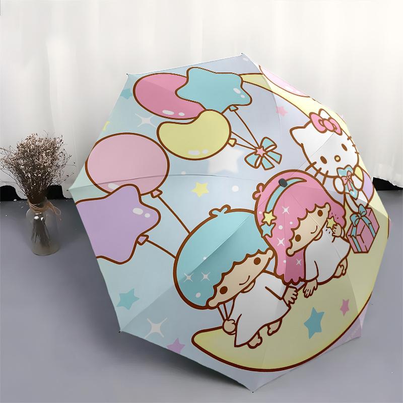 Hello Kitty, Little Twin Stars Automatic Open/Close Umbrella-Cute Umbrella with Cute Design, Portable 3-Fold Compact Umbrella for Men & Wome