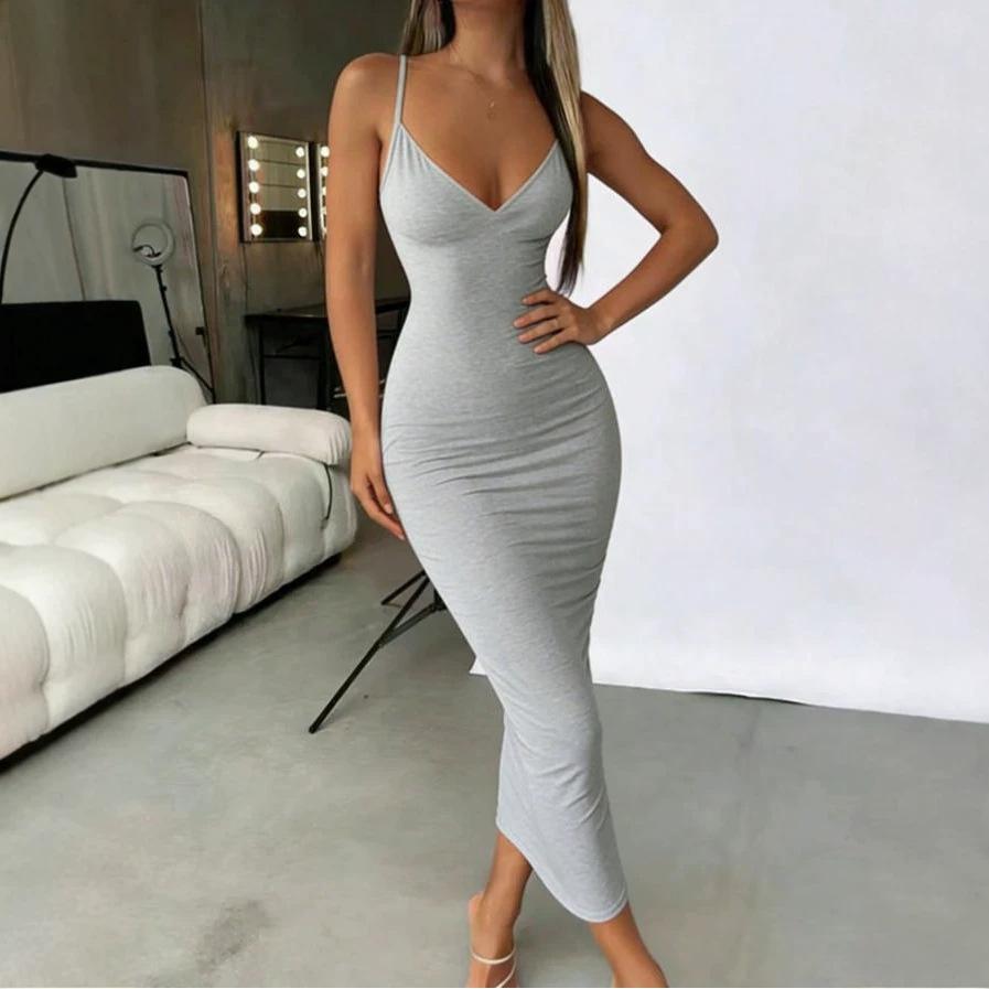 2026 Europe, America, Pure Desire Deep V Suspender Dress, Slim-fitting Knitted Hip-wrapped Medium and Long Skirt