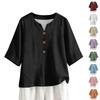 Women's Summer Fashion V-Neck 3/4 Sleeve Linen Shirt - Casual Loose-Fit Top