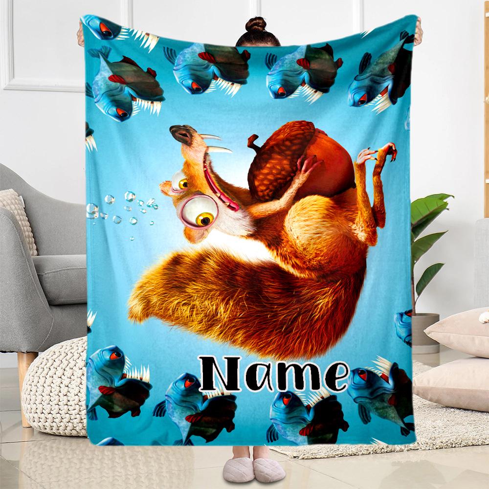 Squirrel Fish Adventure Personalized Name Blanket Gift Customizable Blanket Warmthful Decor Great for Bed Bedding Picnics Couch Ideal for All Seasons