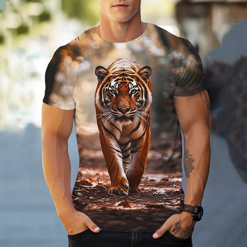 Módní pánské jednobarevné pánské tričko s krátkým rukávem s 3D potiskem tygra pro domácí nošení, s žlutým pozadím