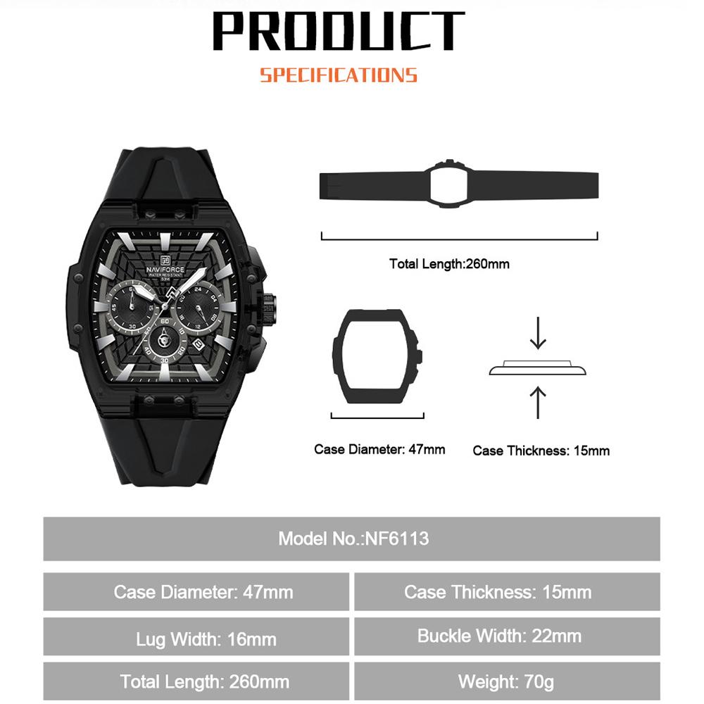 NAVIFORCE Original Men Sports Chronograph Watch Quartz Movement Silicone Strap 50m Waterproof Luminous Pointer Lightweight Men Casual Watch NF6113