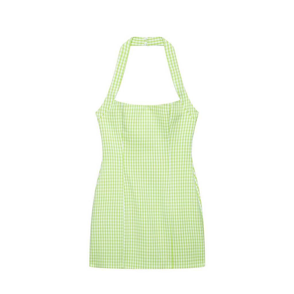 Summer Fashion Women's French Neck Straps Sexy Slim Small Plaid Short Dress
