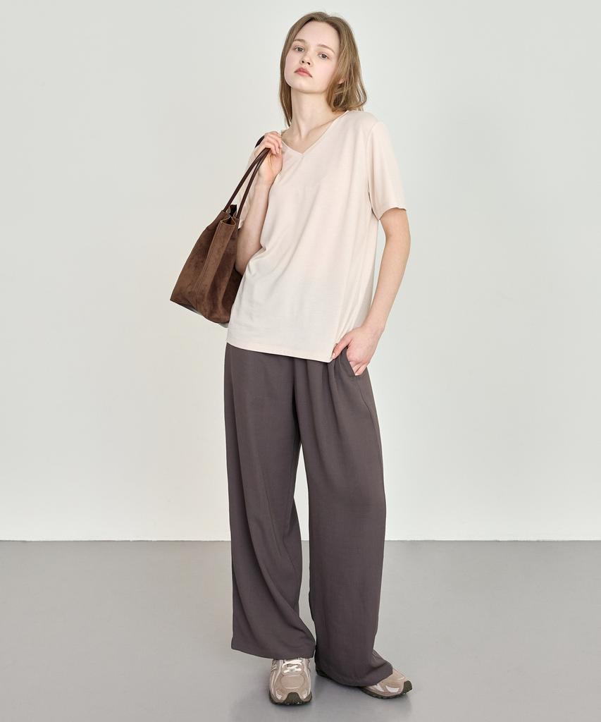 BASIC HOUSE Women'S Breathable Elastic Waist Wide Pants Melange Brown