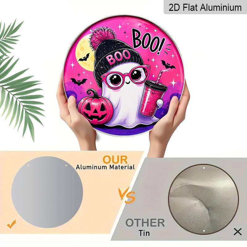 2D Flat, 1pc Round Aluminum Hanging Sign - Cute Pink BOO Decorative Signs, Halloween Holiday Party Metal Aluminum Plaque, Bar Porch Yard Living Room