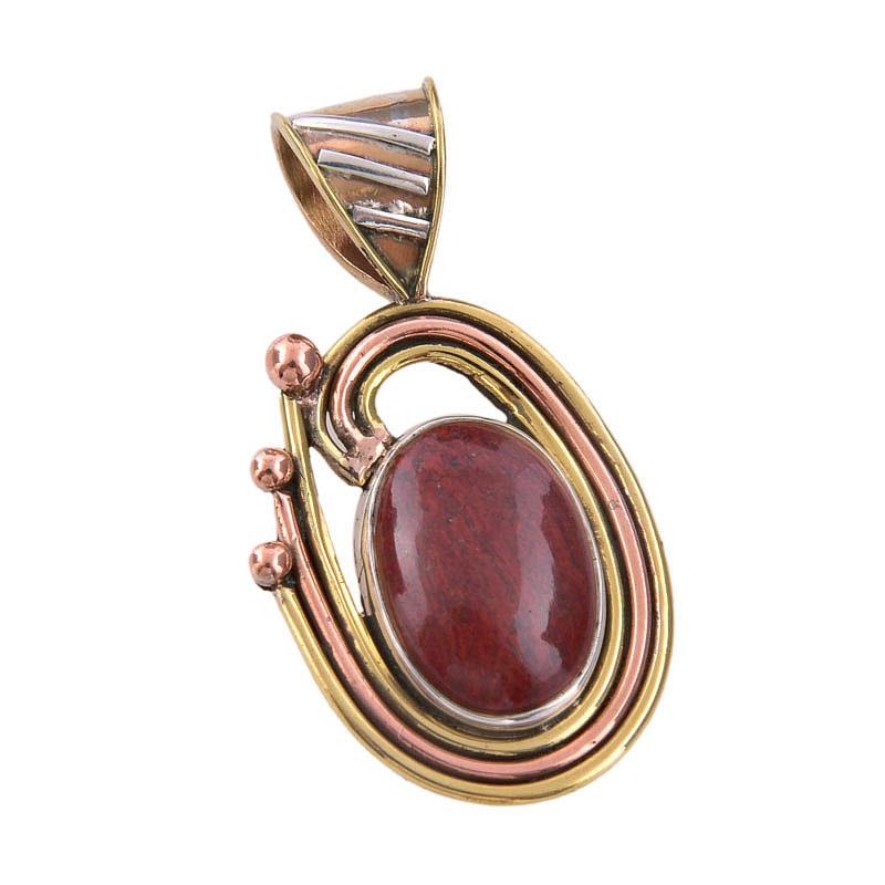 Natural Red Jasper Gemstone 925 Solid Sterling Silver TwoTone Pendant 1.50" q7E81