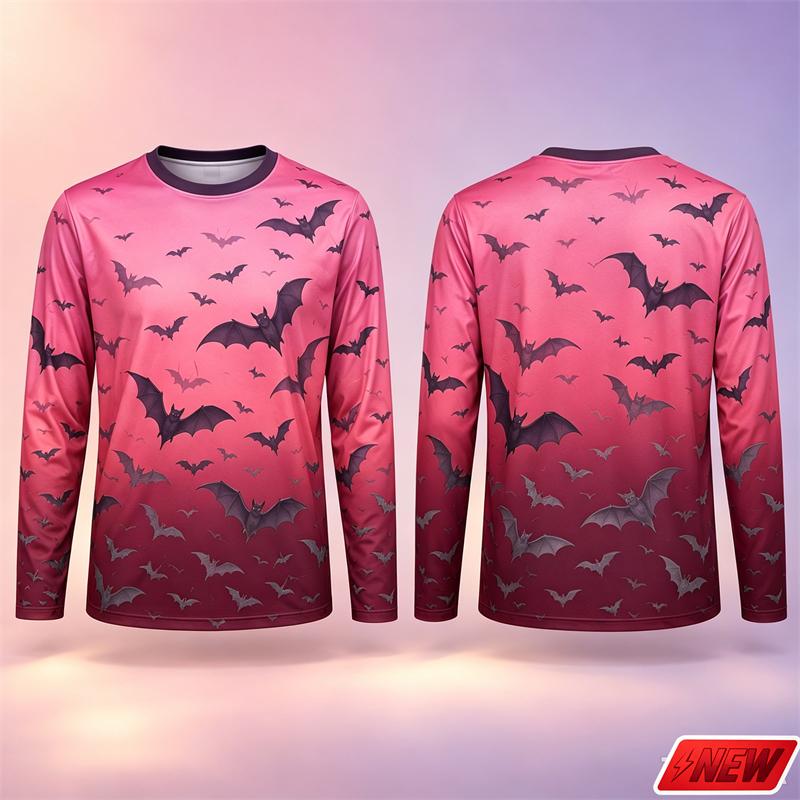 Gothic Bat Pattern Long Sleeve T Shirt Men Halloween 3D Print Gradient Horror Sky Flying Bat Tee Casual Quick Dry New Top Unisex